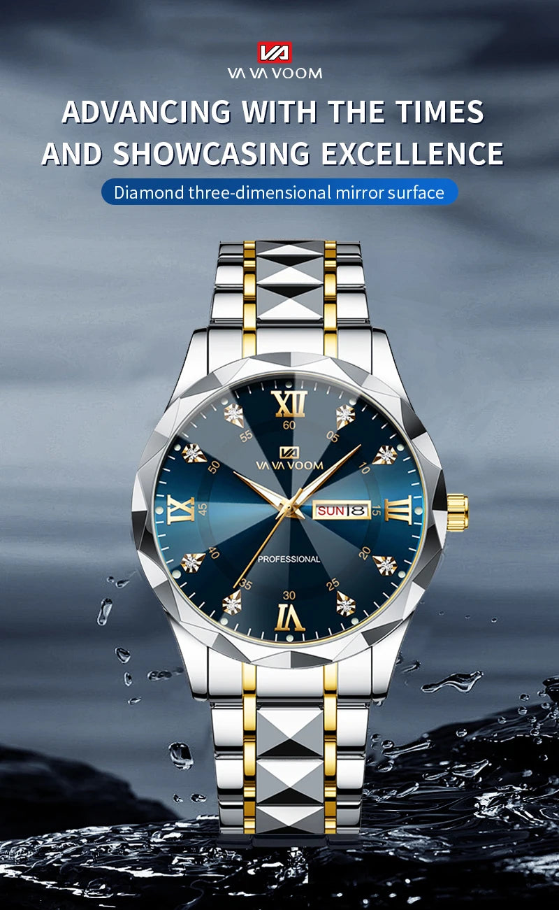 Montre Homme Luxe – Double Calendrier, Cadran Bleu Or & Acier Inoxydable 41mm