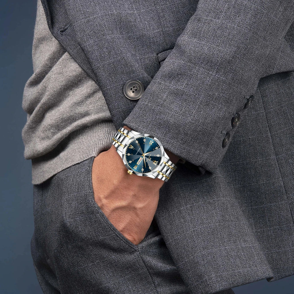 Montre Homme Luxe – Double Calendrier, Cadran Bleu Or & Acier Inoxydable 41mm