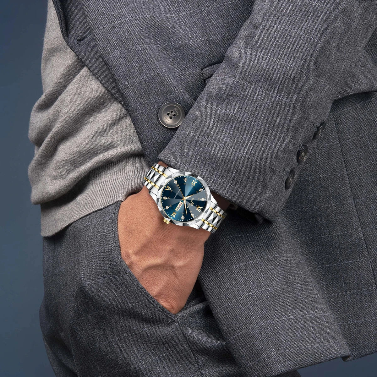 Montre Homme Luxe – Double Calendrier, Cadran Bleu Or & Acier Inoxydable 41mm