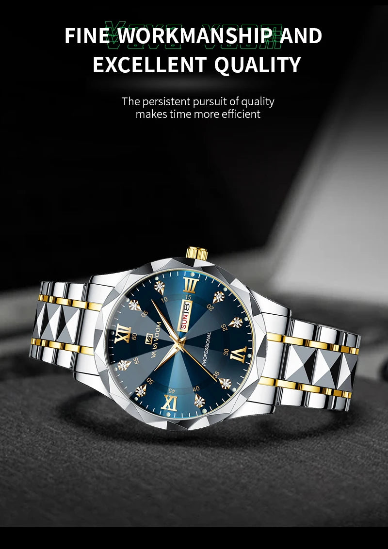 Montre Homme Luxe – Double Calendrier, Cadran Bleu Or & Acier Inoxydable 41mm