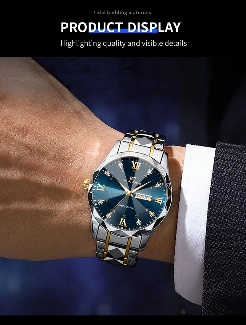 Montre Homme Luxe – Double Calendrier, Cadran Bleu Or & Acier Inoxydable 41mm