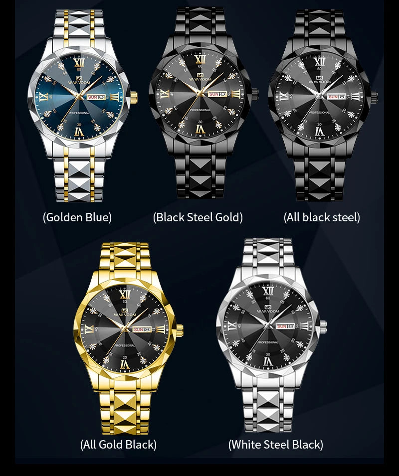 Montre Homme Luxe – Double Calendrier, Cadran Bleu Or & Acier Inoxydable 41mm