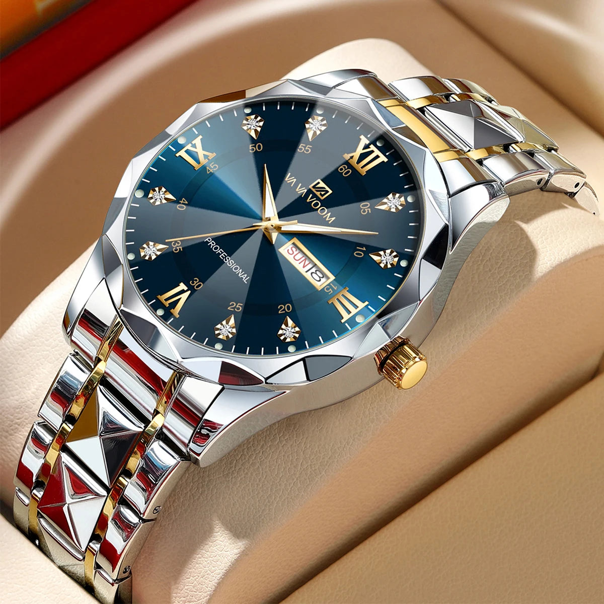 Montre Homme Luxe – Double Calendrier, Cadran Bleu Or & Acier Inoxydable 41mm