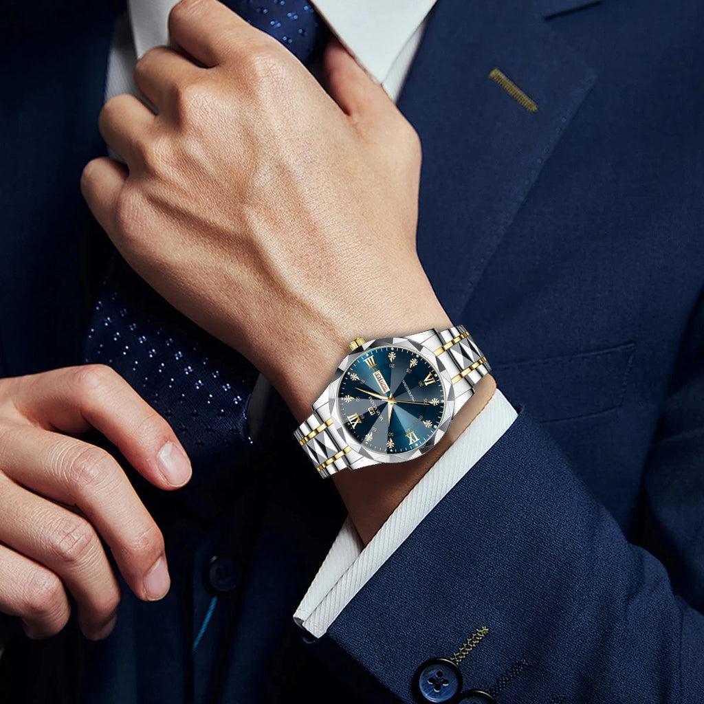 Montre Homme Luxe – Double Calendrier, Cadran Bleu Or & Acier Inoxydable 41mm