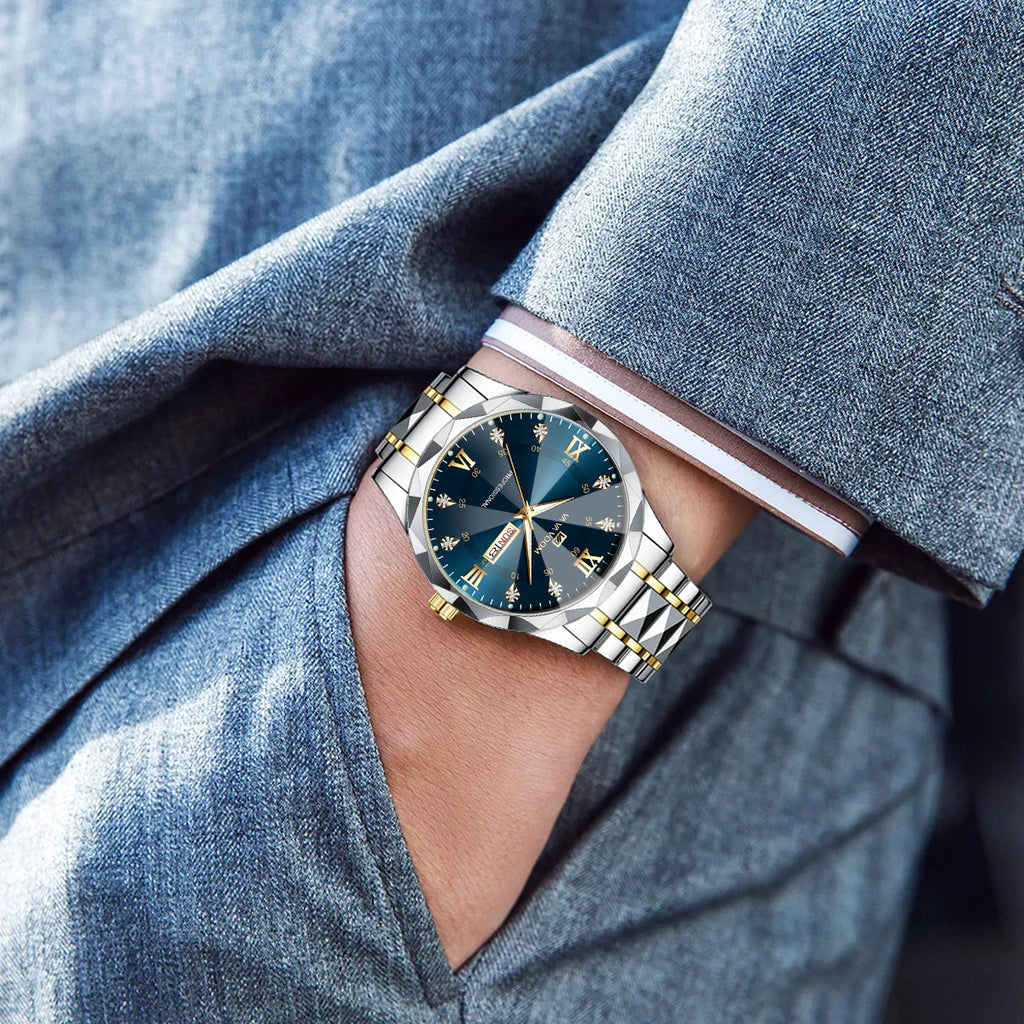 Montre Homme Luxe – Double Calendrier, Cadran Bleu Or & Acier Inoxydable 41mm