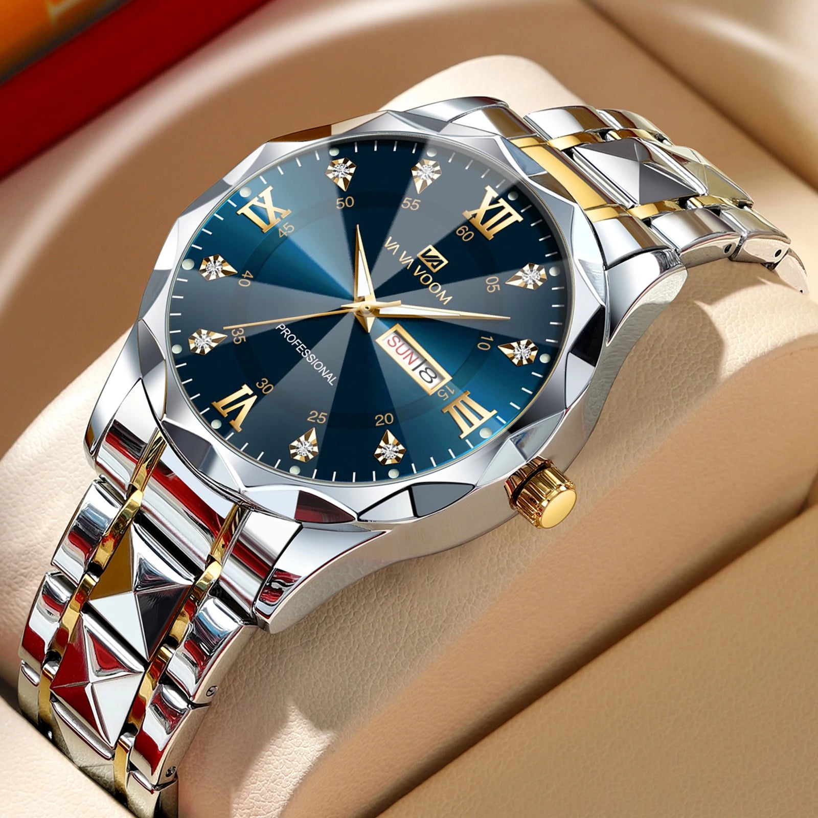 Montre Homme Luxe – Double Calendrier, Cadran Bleu Or & Acier Inoxydable 41mm