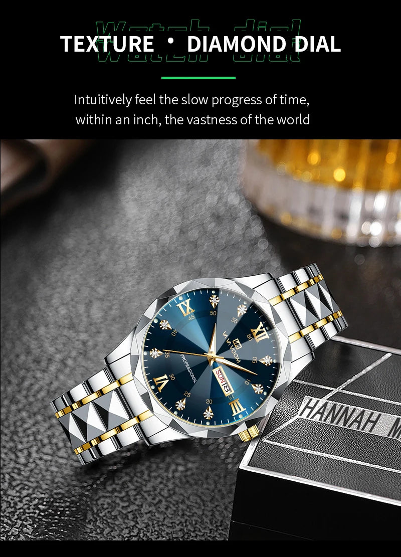 Montre Homme Luxe – Double Calendrier, Cadran Bleu Or & Acier Inoxydable 41mm