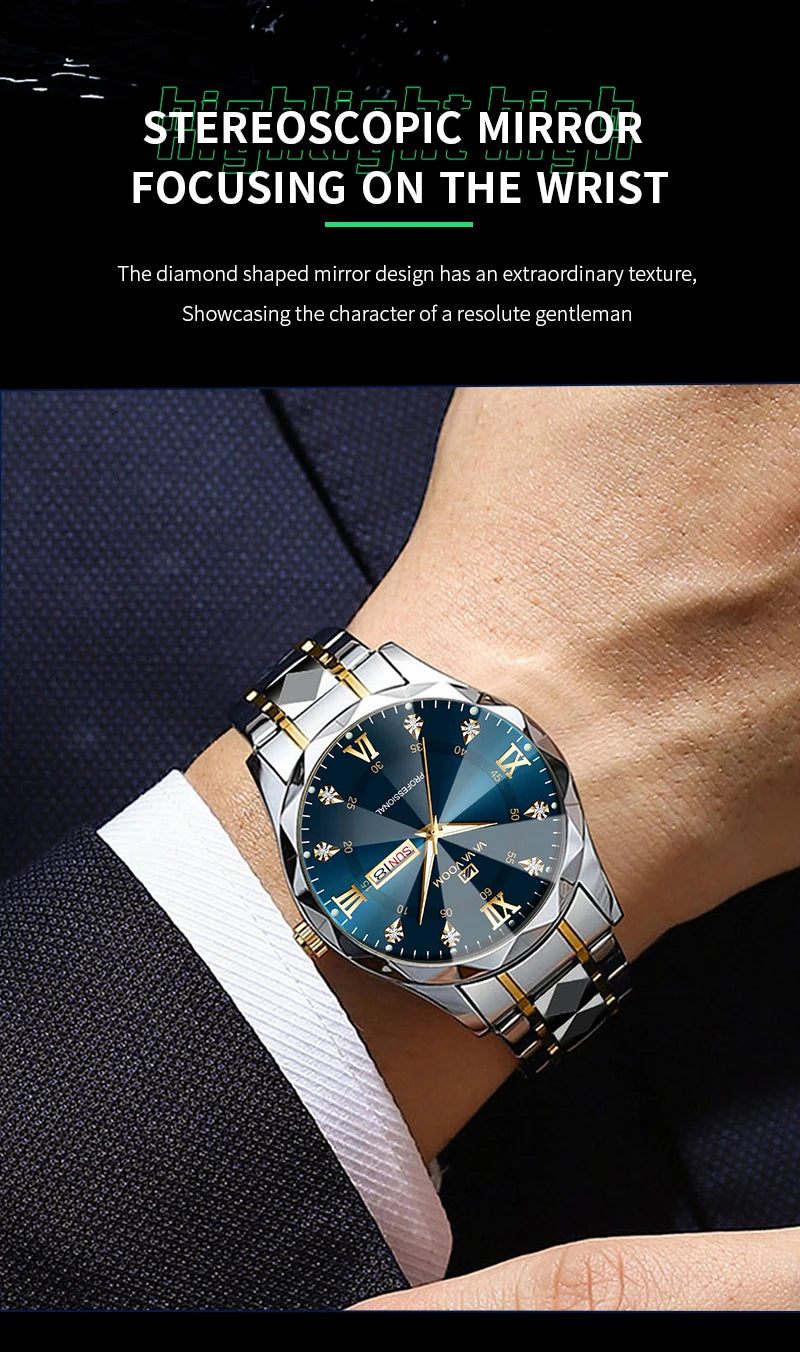 Montre Homme Luxe – Double Calendrier, Cadran Bleu Or & Acier Inoxydable 41mm