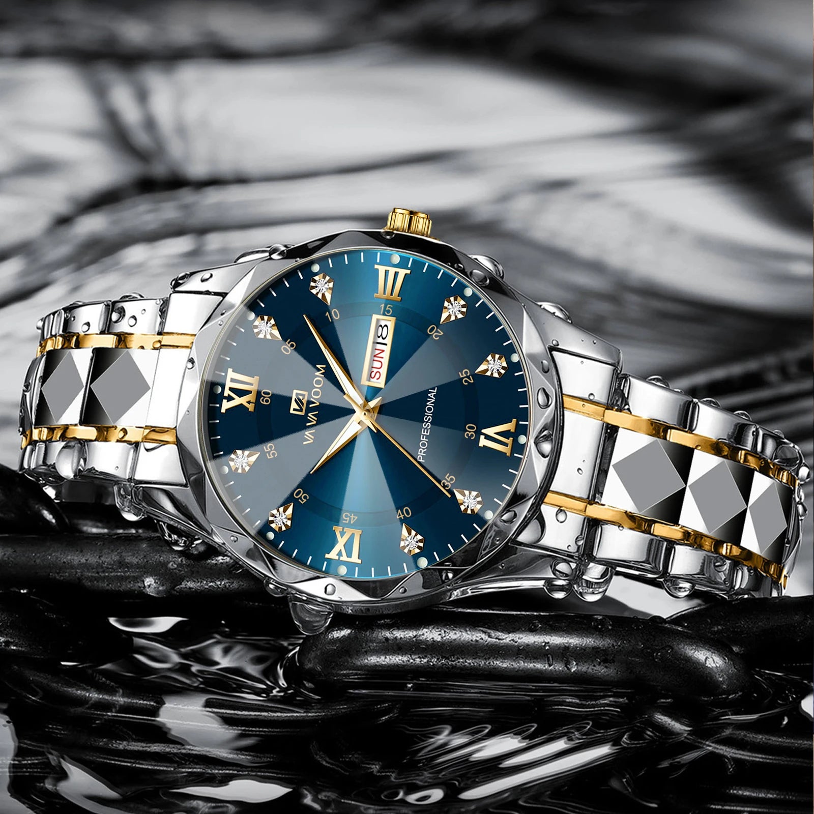 Montre Homme Luxe – Double Calendrier, Cadran Bleu Or & Acier Inoxydable 41mm
