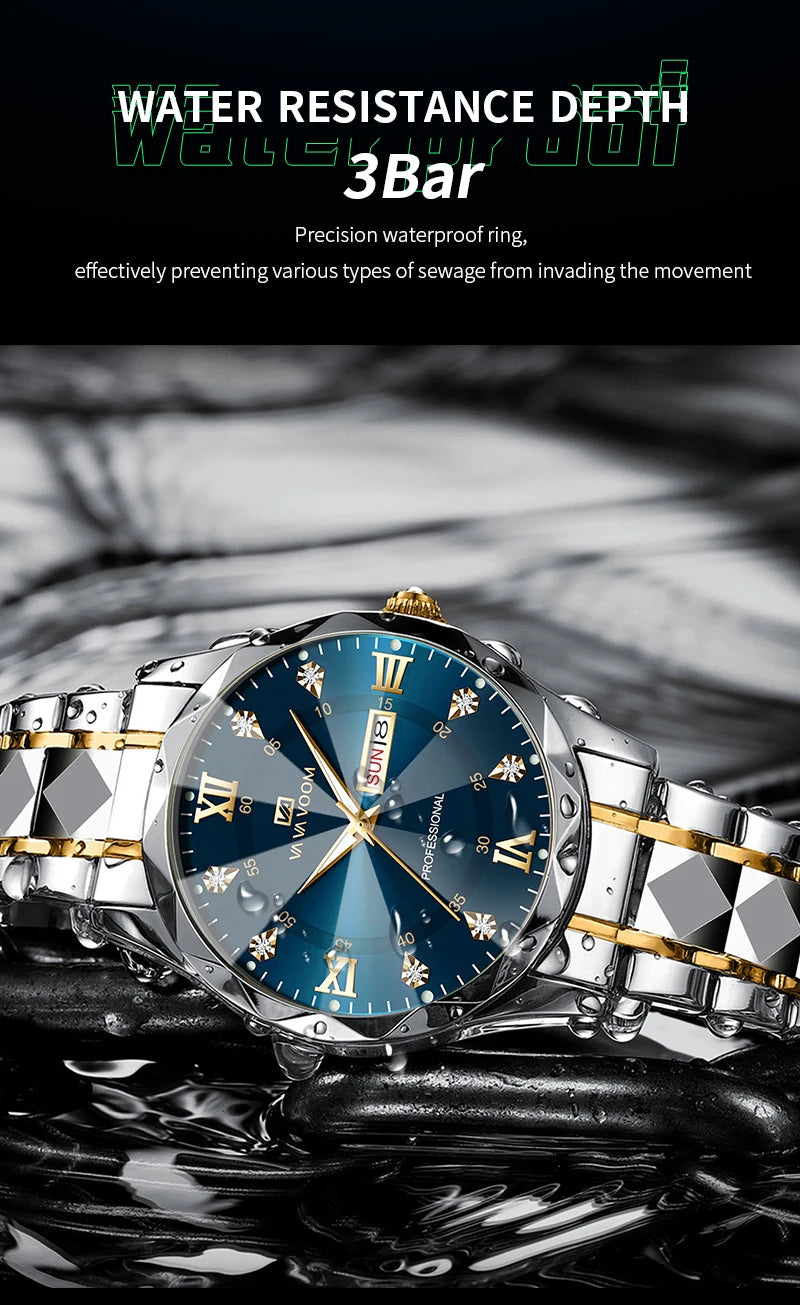 Montre Homme Luxe – Double Calendrier, Cadran Bleu Or & Acier Inoxydable 41mm