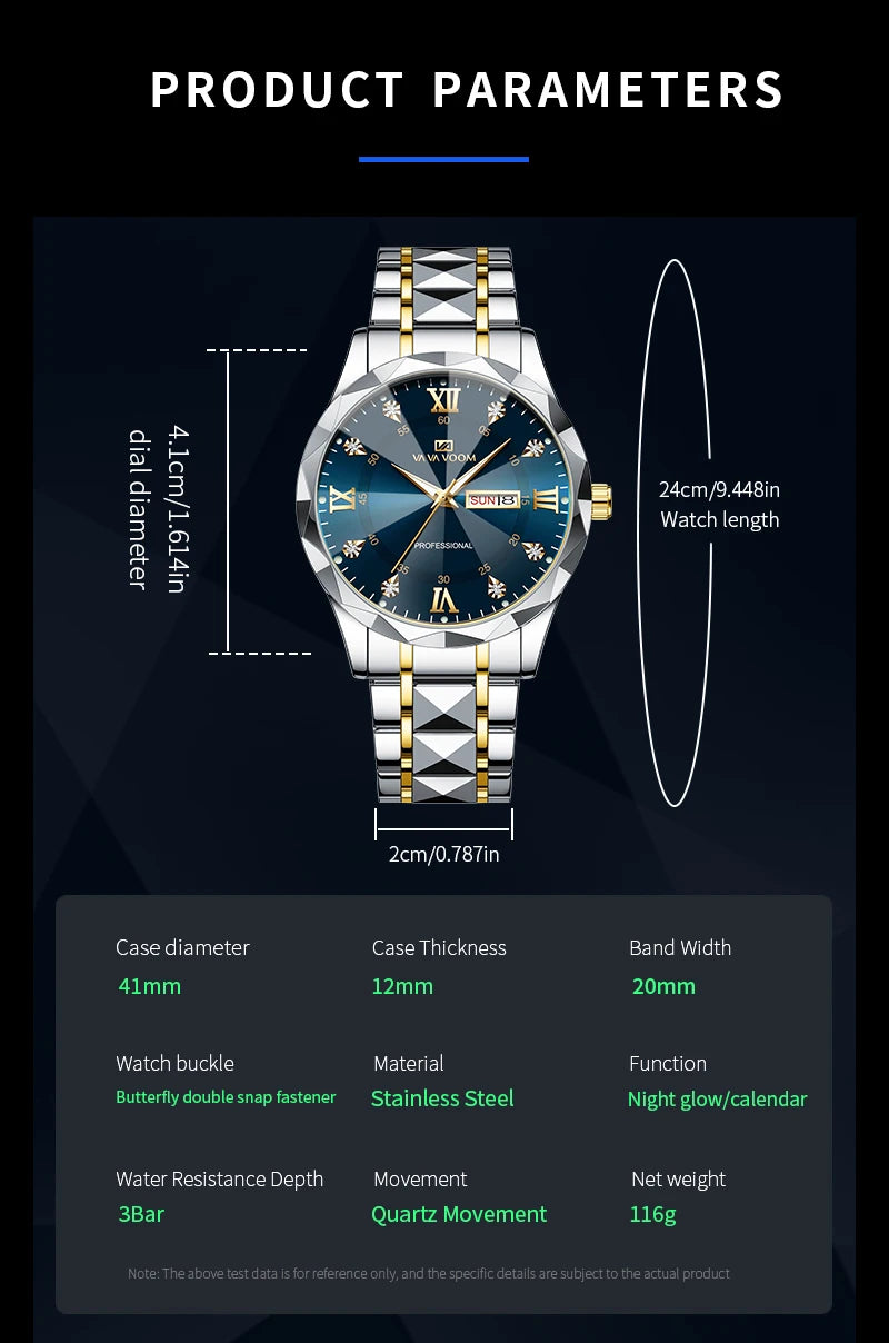 Montre Homme Luxe – Double Calendrier, Cadran Bleu Or & Acier Inoxydable 41mm