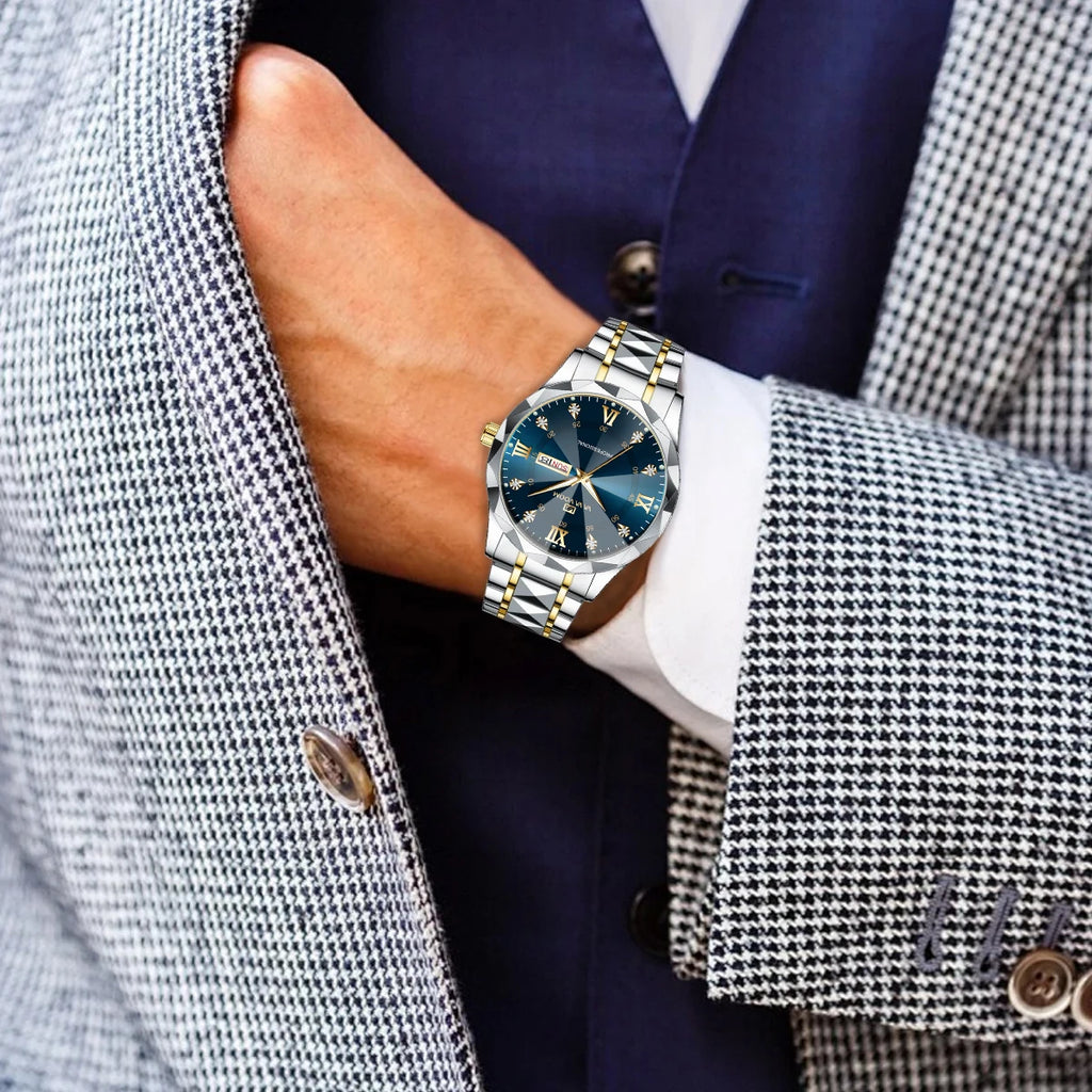 Montre Homme Luxe – Double Calendrier, Cadran Bleu Or & Acier Inoxydable 41mm